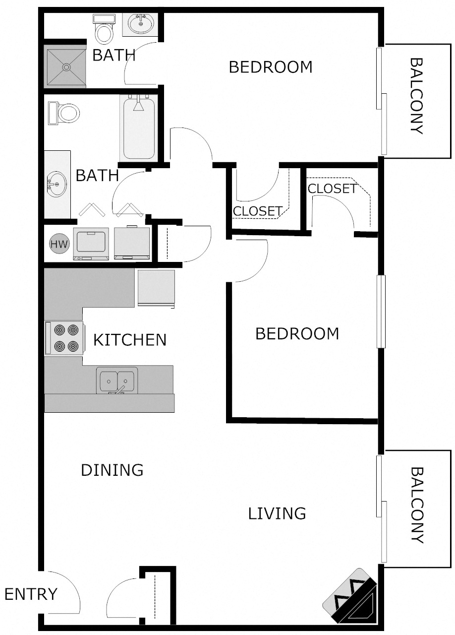 Floor plan for 2 beds, 2 baths, 1150 sqft